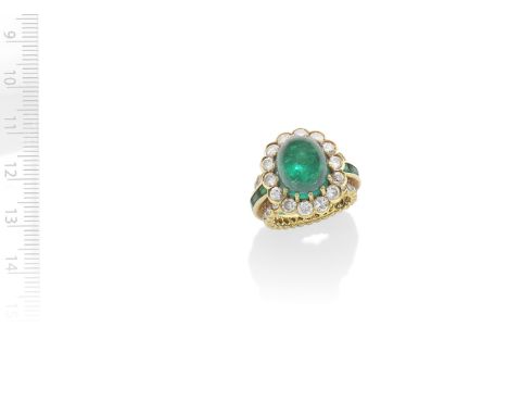 EMERALD AND DIAMOND RINGThe central cabochon emerald within a border of brilliant-cut diamonds, on a brilliant and single-cut