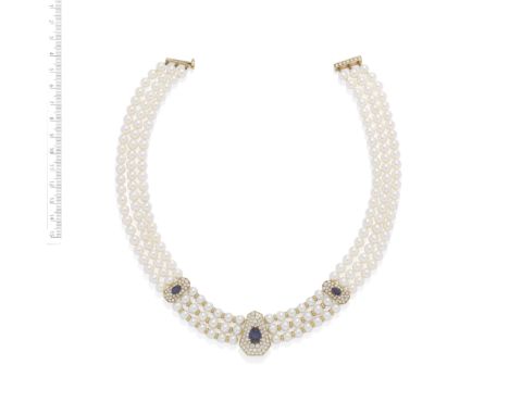 MAUBOUSSIN: CULTURED PEARL, SAPPHIRE AND DIAMOND COLLAR, CIRCA 1980The triple row of cultured pearls connected via three geom