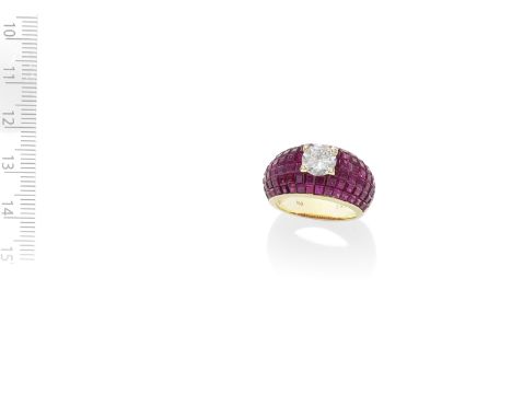 DIAMOND AND RUBY RINGThe brilliant-cut diamond, weighing 1.00 carat, within a bombé mount of calibré-cut rubies in concealed 