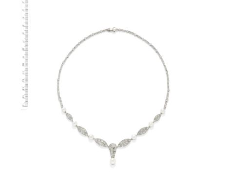 NATURAL PEARL AND DIAMOND NECKLACE, CIRCA 1915 AND LATERThe cushion-shaped and rose-cut diamond links issuing a graduated ser