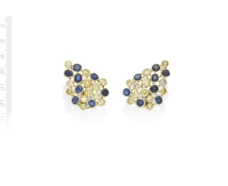 SAPPHIRE AND YELLOW DIAMOND EARRINGSEach openwork plaque collet-set with cushion-shaped, circular and oval-cut sapphires, acc