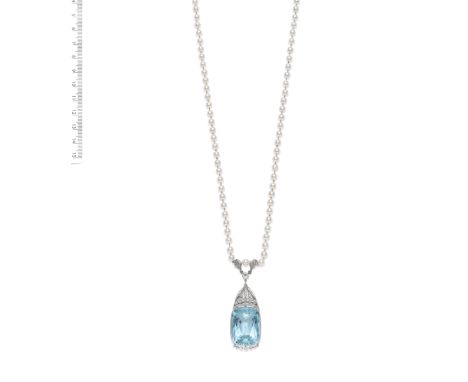 AQUAMARINE AND DIAMOND PENDANT/CULTURED PEARL NECKLACE, CIRCA 1900The cushion-shaped aquamarine accented by old brilliant, si