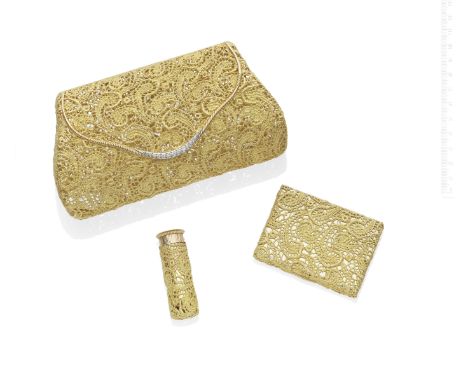 PIERRE BRUN: GOLD AND DIAMOND-SET EVENING PURSE, CIRCA 1970Of finely woven lacework design, the clasp set with brilliant-cut 