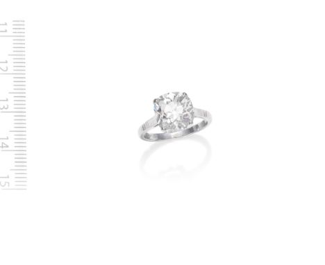 A DIAMOND SINGLE-STONE RINGThe old cushion-shaped diamond, weighing 4.39 carats, within a four-claw setting, ring size JFor f