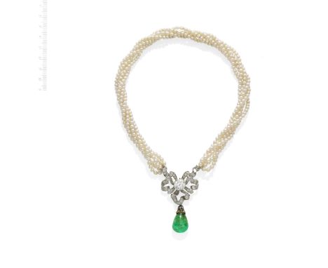 NATURAL PEARL, EMERALD AND DIAMOND TORSADE NECKLACEThe central ribbon bow motif set with old brilliant and rose-cut diamonds,