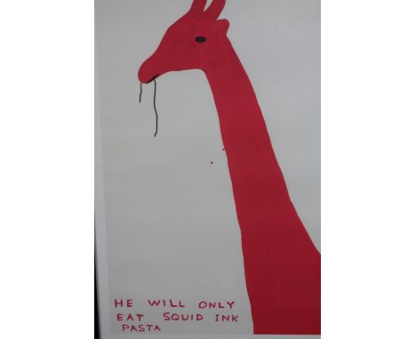 David Shrigley. 'He Will Only Eat Squid Ink Pasta'. Lithograph print on 200g Munken Lynx paper. Printed 2020. Framed and glaz