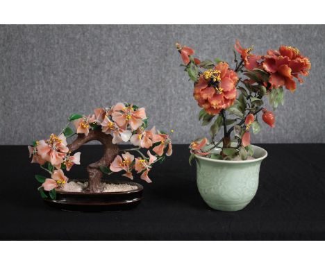 Two early 20th century Chinese glass and wire blossom trees in pots. One with a celadon glaze planter. H.32cm. (largest) 