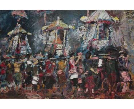 Nathan Paramanathan (b.1929). Oil painting on canvas titled 'Bali'. Signed lower right. Framed. 
H.43 W.72cm. 