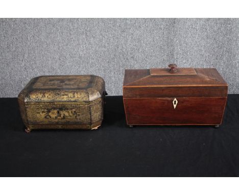 Tea caddy, Regency mahogany and satinwood inlaid and an early 19th century gilt and papier mache example. H.19 W.33 D.18cm. (