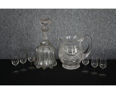 A mixed collection of glass. A Victorian decanter, jug and sherry glasses. H.17cm. (largest) 