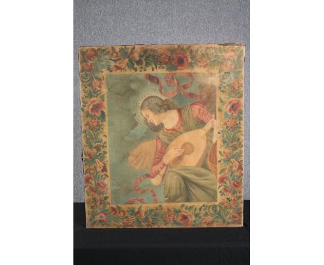 A 19th century mounted tapestry. An angelic lute player within a floral and fruit border in the style of Raphael. H.94 W.82cm