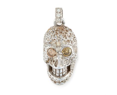 A DIAMOND SKULL PENDANT jewelled all-over with round cut diamonds and set with two champagne round cut diamond eyes, unmarked