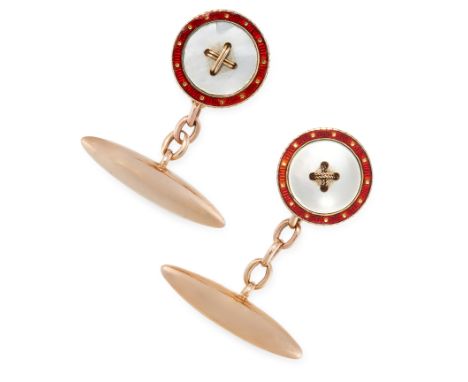 A PAIR OF MOTHER-OF-PEARL AND ENAMEL CUFFLINKS comprising of a circular face designed as a button, set with mother-of-pearl i
