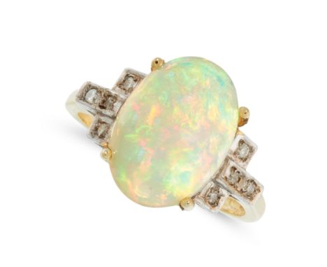 AN OPAL AND DIAMOND DRESS RING in 18ct yellow gold, set with a cabochon opal between a geometric border set with round cut di