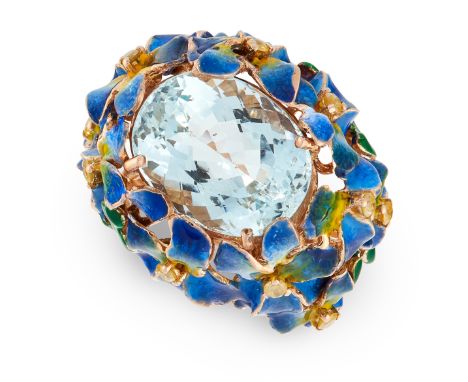 AN ENAMEL, AQUAMARINE AND YELLOW DIAMOND BOMBE RING set with a central oval cut aquamarine of approximately 8.00 carats, set 