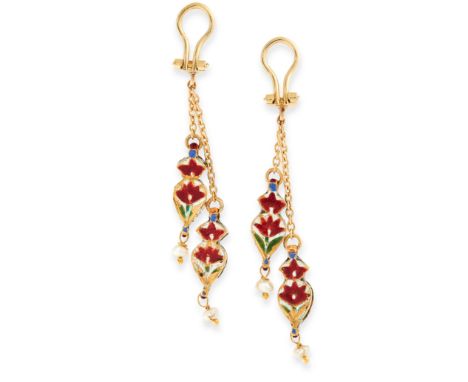 A PAIR OF ENAMEL, DIAMOND AND PEARL CLIP EARRINGS, INDIAN in 18ct yellow gold, set with red, white, green and blue name, flat