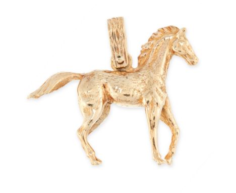 A VINTAGE HORSE PENDANT in 9ct yellow gold, designed as a horse suspended from a textured bail, full British hallmarks, 4.5cm