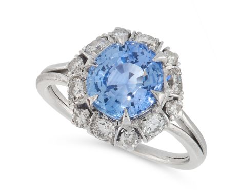 A SAPPHIRE AND DIAMOND CLUSTER RING comprising of an oval cut sapphire of 2.80 carats in a border of round cut diamonds, unma