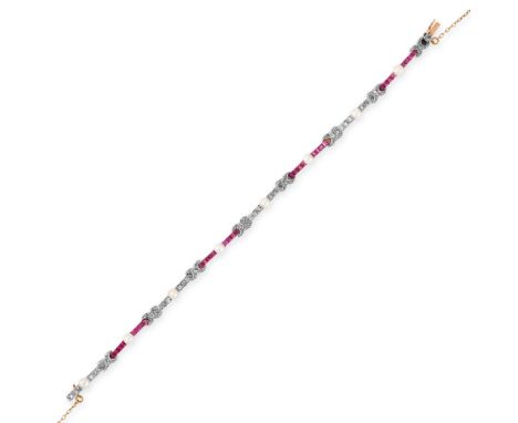 A BURMA NO HEAT RUBY, DIAMOND AND PEARL BRACELET, EARLY 20TH CENTURY in high carat yellow gold, comprising of a single row of