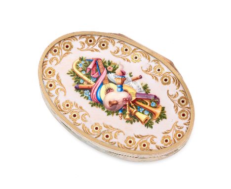 AN ANTIQUE ENAMEL SNUFF BOX, 19TH CENTURY in high carat yellow gold, probably Swiss or French, the opal body with light pink 