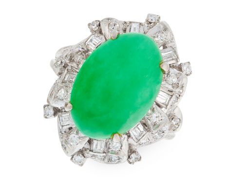 A NATURAL JADEITE JADE AND DIAMOND CLUSTER RING in 18ct white gold, set with a cabochon jadeite jade of 8.10 carats, in an ab