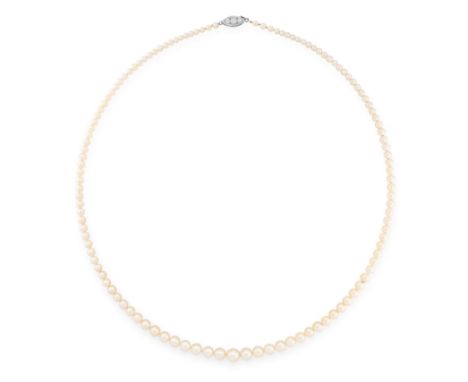 A PEARL AND DIAMOND NECKLACE in platinum, comprising of a single row of pearl ranging from 2.8mm - 6.4mm, on a navette shaped