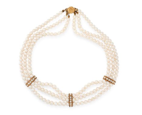 A PEARL CHOKER NECKLACE comprising of three rows of pearl beads ranging from 6.1mm-6.6mm, with paste gemstone set spacers, un