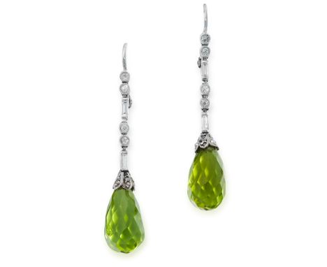 A PAIR OF ART DECO PERIDOT AND DIAMOND EARRINGS, EARLY 20TH CENTURY each set with a briolette drop peridot below a row of rou