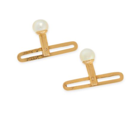 A PAIR OF PEARL DRESS STUDS in 18ct yellow gold, each set with a pearl bead of 4.9mm, stamped 18K, 1.2cm, 2.0g.