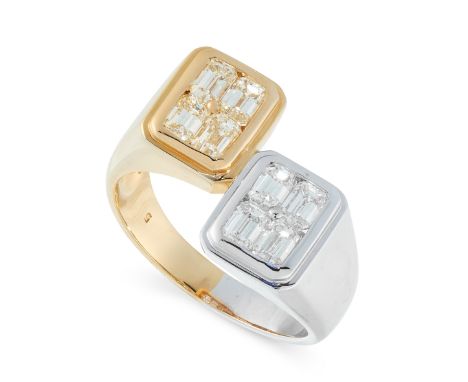 A DIAMOND DRESS RING in 18ct yellow and white gold, in open band design, half the ring is in white gold and the other half is