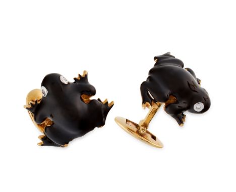 A PAIR VINTAGE OF ENAMEL AND DIAMOND FROG CUFFLINKS in 18ct yellow gold, designed as frogs, set with black enamel and round c