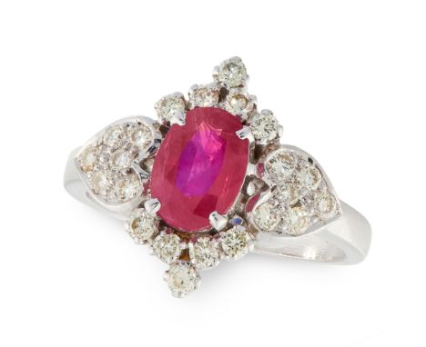 AN UNHEATED RUBY AND DIAMOND RING set with an oval cut ruby of 1.01 carats in a border of round cut diamonds with heart motif