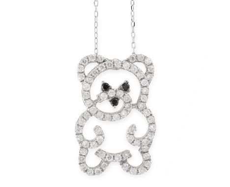 A DIAMOND AND SAPPHIRE TEDDY BEAR PENDANT AND CHAIN in 18ct white gold, designed as the outline of a teddy bear, set with rou