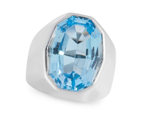 AN AQUAMARINE DRESS RING in 18ct white gold, set with a fancy shaped step cut aquamarine of 16.90 carats, stamped 750, size N