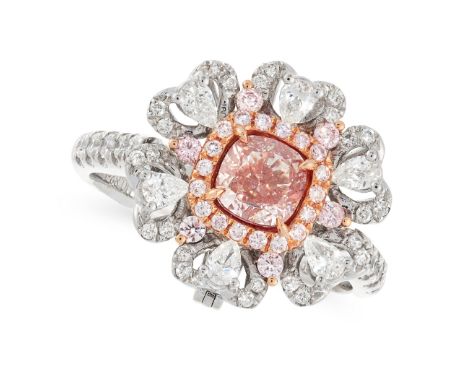 A PINK DIAMOND AND WHITE DIAMOND DRESS RING / PENDANT in 18ct gold, set with a cushion cut fancy light pinkish brown diamond 