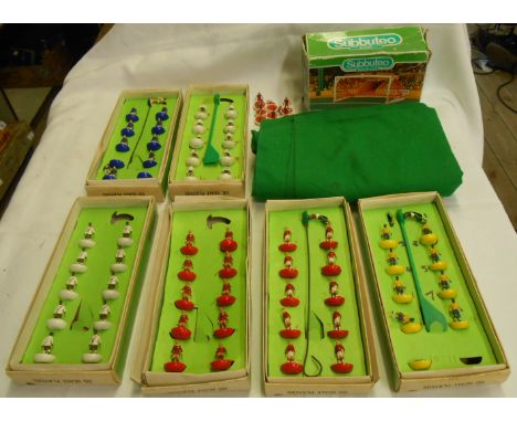 Six boxed vintage heavyweight Subbuteo football teams comprising Brazil, England, Chelsea, Bristol City, Peru, and Liverpool,