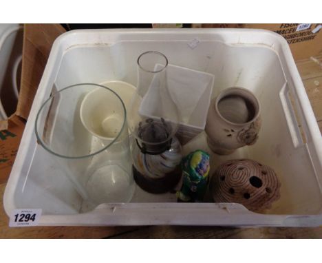 A box containing assorted ceramics and glass including Chinese temple lion, end of day oil lamp, etc.