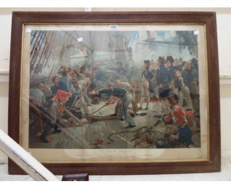 An oak framed coloured print, entitled The Hero of Trafalgar - stains - sold with a stipple print portrait miniature of a lad