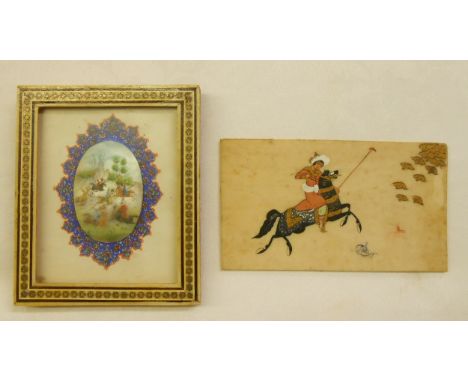 An Indian miniature painting of a hunting scene on mother of pearl in a khatam frame - sold with another similar