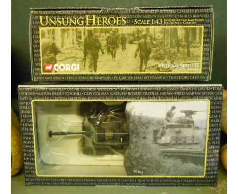 Two boxed Corgi Unsung Heroes of Vietnam diecast models, a 1:43 scale U.S. Army M113 ACAV, and a 1:50 M48 A3 Patton tank