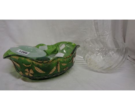 A green moulded and gilt carnival glass bowl - sold with two paperweights, two glass vases, and a boxed vintage Dartington Ri