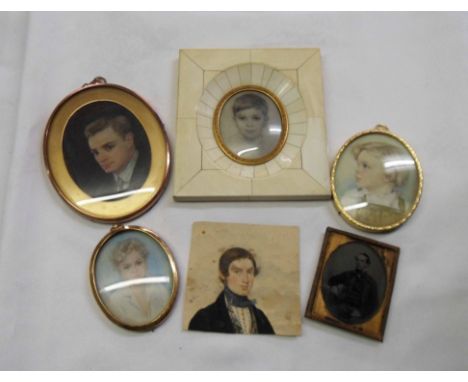 Three framed 20th Century portrait miniatures, a pencil portrait of a child, a clipped image of a 19th Century gentleman and 