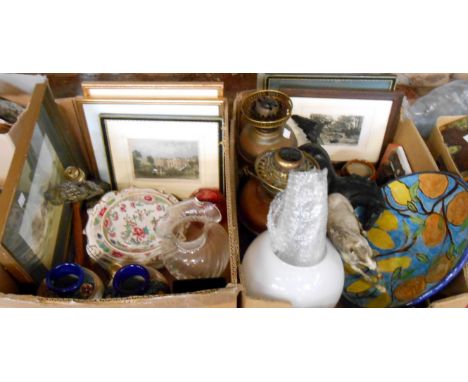 Two boxes of various items, including oil lamps, Japanese Moriage vases, vintage plates, brass Buddha, etc.