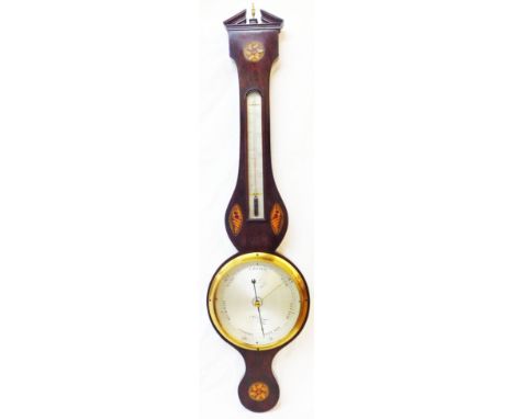 A 19th Century inlaid mahogany banjo barometer/thermometer with shell and flower head decoration, silvered dial and scale mar