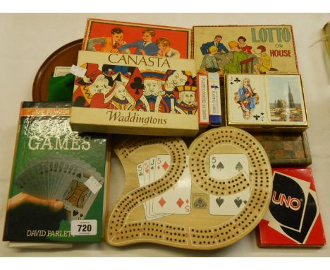 Assorted vintage card and other games including Tell Me, Solitaire board, Cribbage board, Lotto, etc.