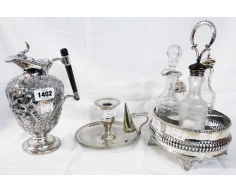 A silver plated wine ewer, part cruet set and chamber candlestick