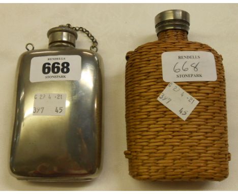 A pewter hip flask and a wicker covered example