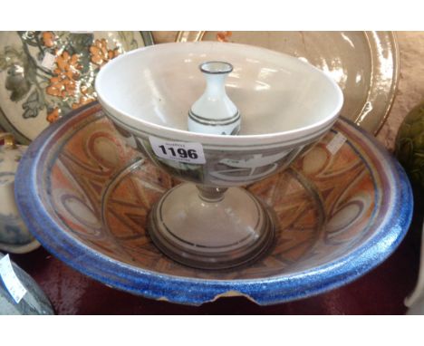 An Alan Caiger-Smith Aldermaston Pottery pedestal bowl decorated with abstract panels, and a small bottle vase by same - sold