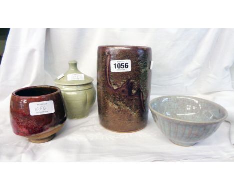 A Lowerdown Pottery Jeremy Leach celadon glazed lobed lidded jar, a Wrythen crackle glazed bowl, a Winchcombe Pottery stonewa