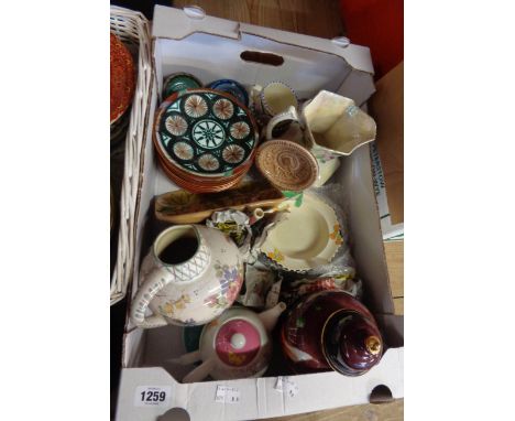 A box of various ceramics including Burleigh bowls, lustre jug, Honiton Pottery, etc.